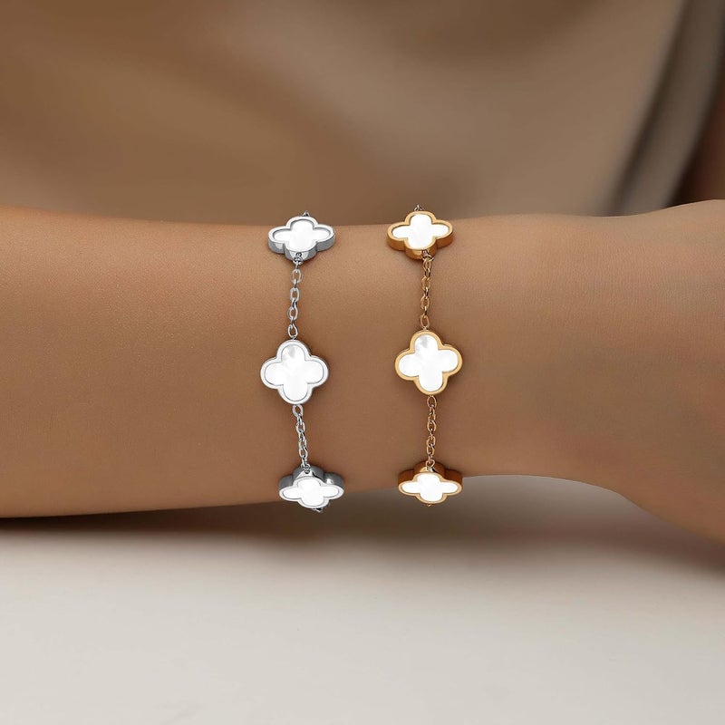 HAITTY 18K Gold Plated Clover Bracelet Set for Women White/Black/Gold/Silver/Green/Pink Adjustable Link Double-Sided Lucky Bracelets Trendy Bracelets Set Jewelry Gifts for Women Men - Image 2